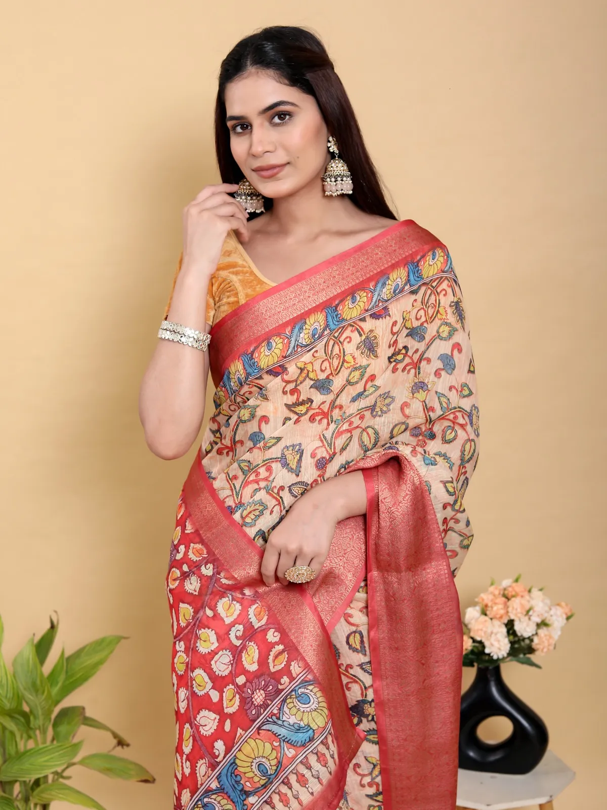 Buy Kalamkari print Linen Cotton saree in Kolkata | Reseller Bazzar